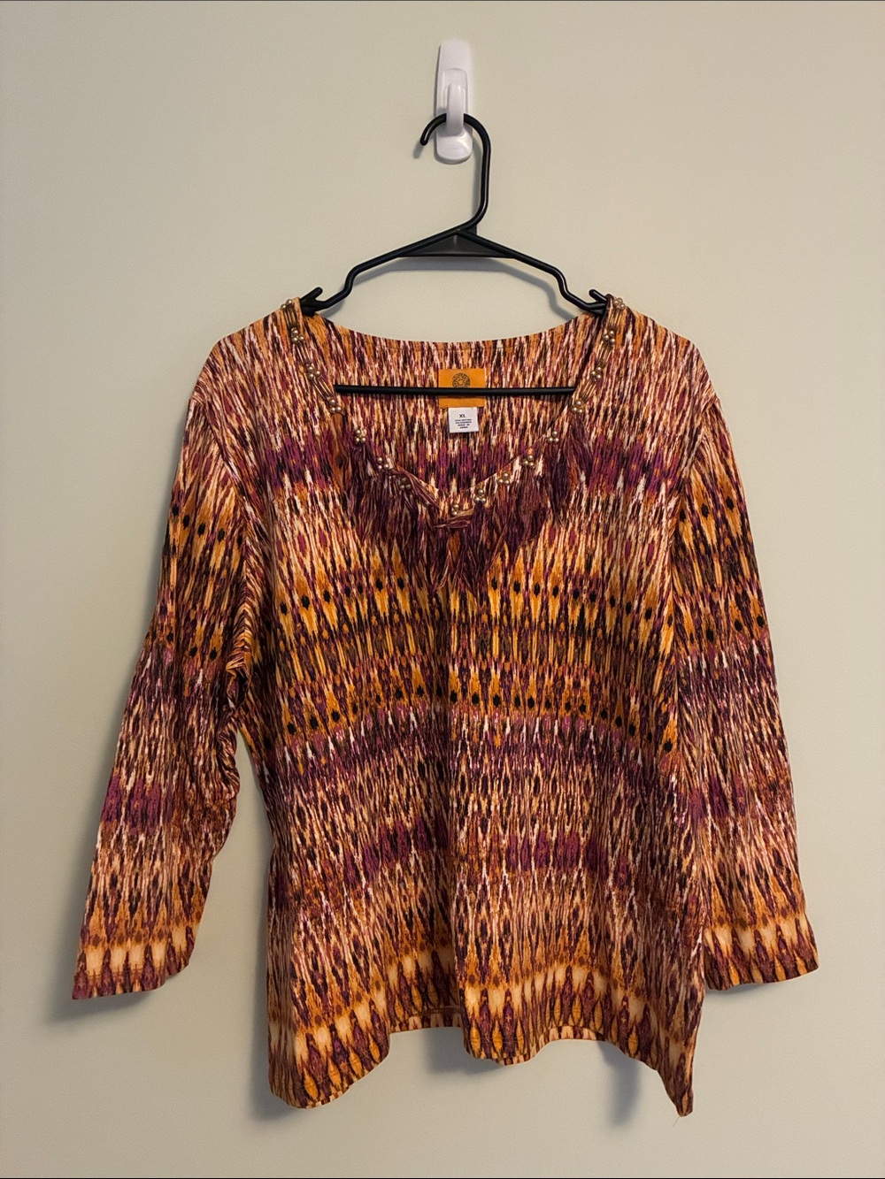 Ruby Rd. Ikat-Pattern V-Neck Tunic in Mustard & Burgundy